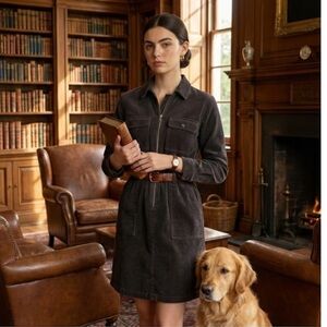 J Crew Zip-Front Cinched Dress in Corduroy Women Size 20 Black Cotton Stretch